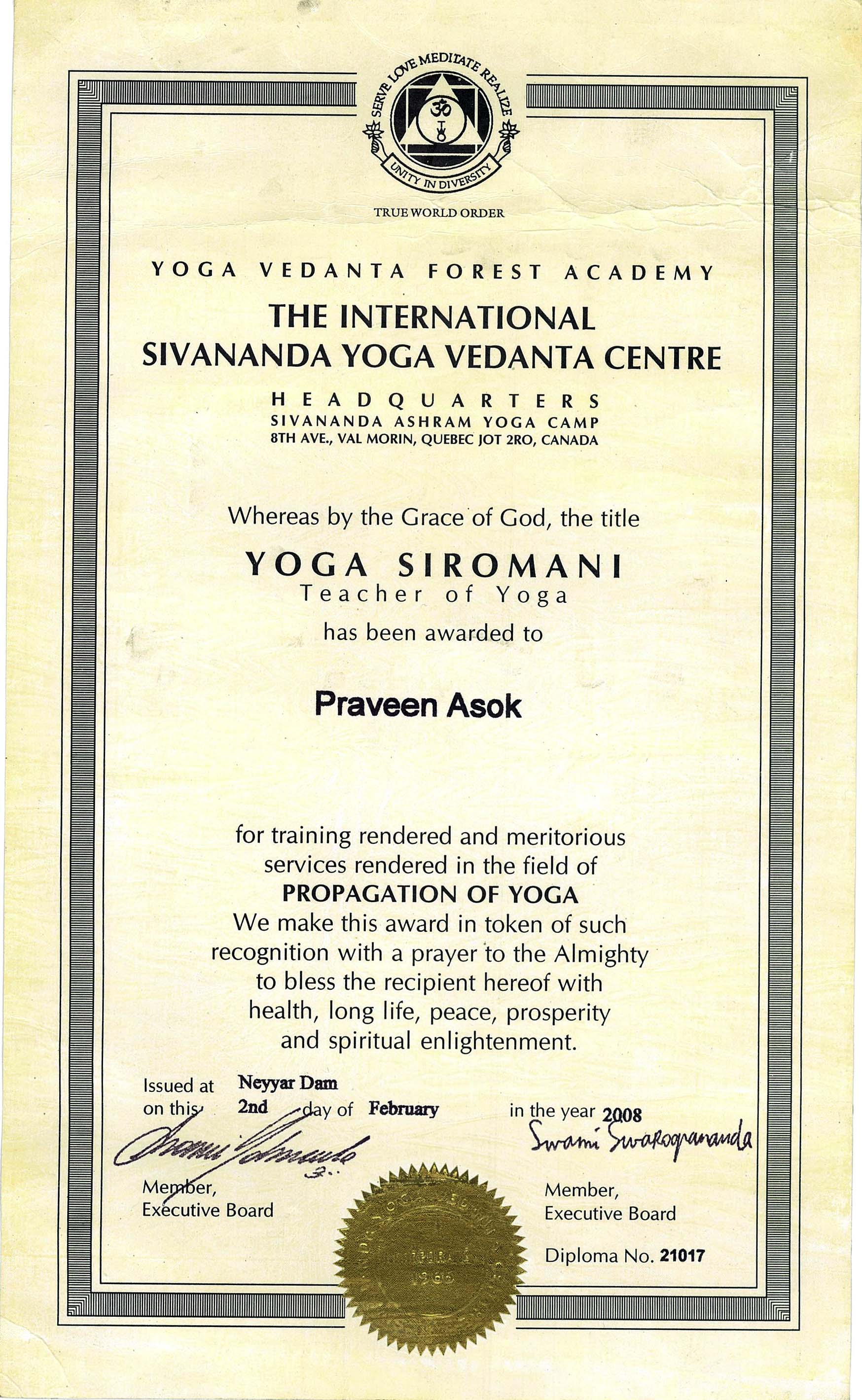 Yoga Siromani Certificate - Praveen Asok